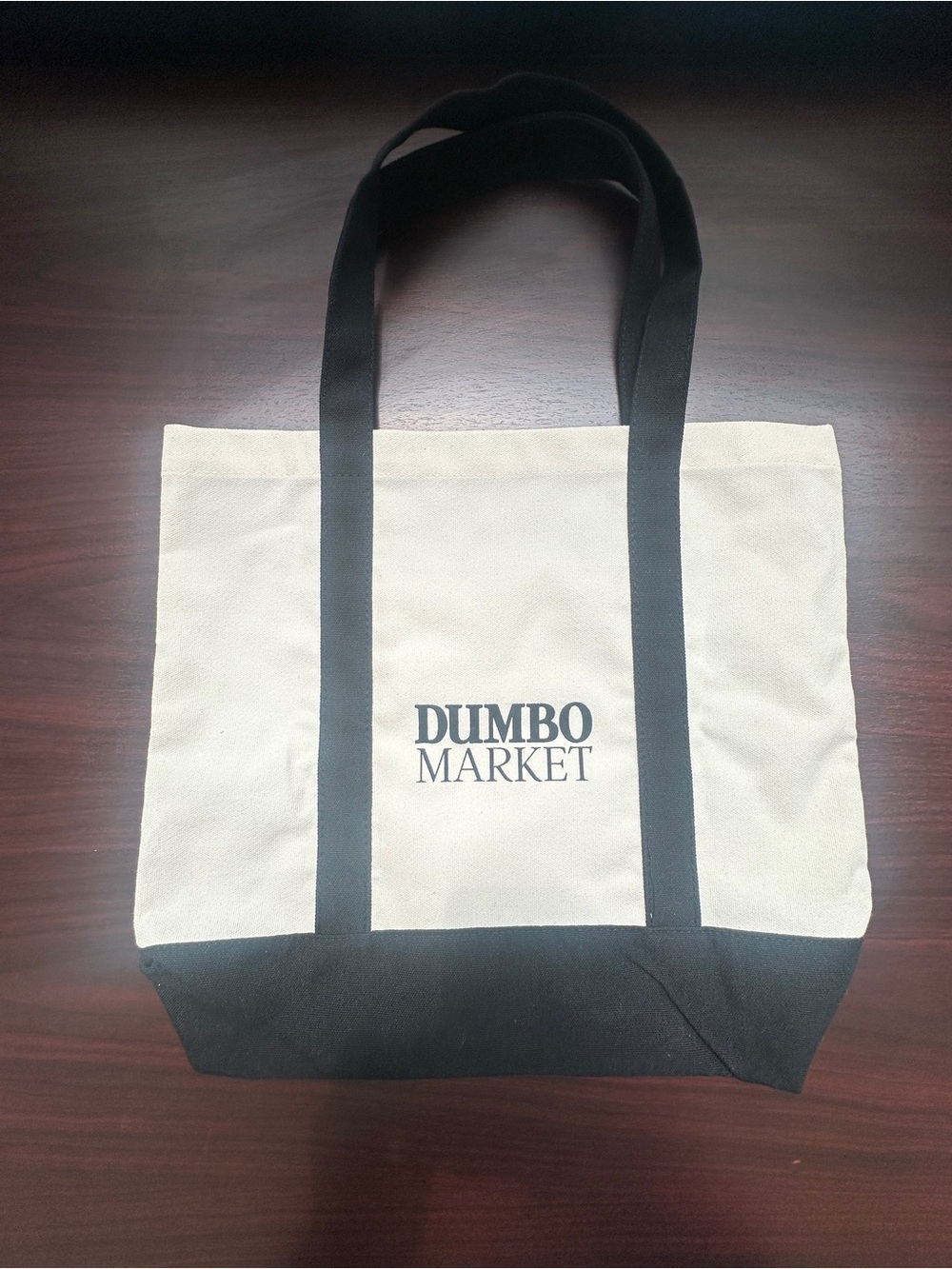 DUMBO MARKET Canvas Medium Tote Bag - Black & Cream with front pocket